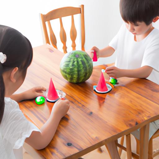 เด็กๆ กำลังเล่นเกมที่เกี่ยวข้องกับแตงโม